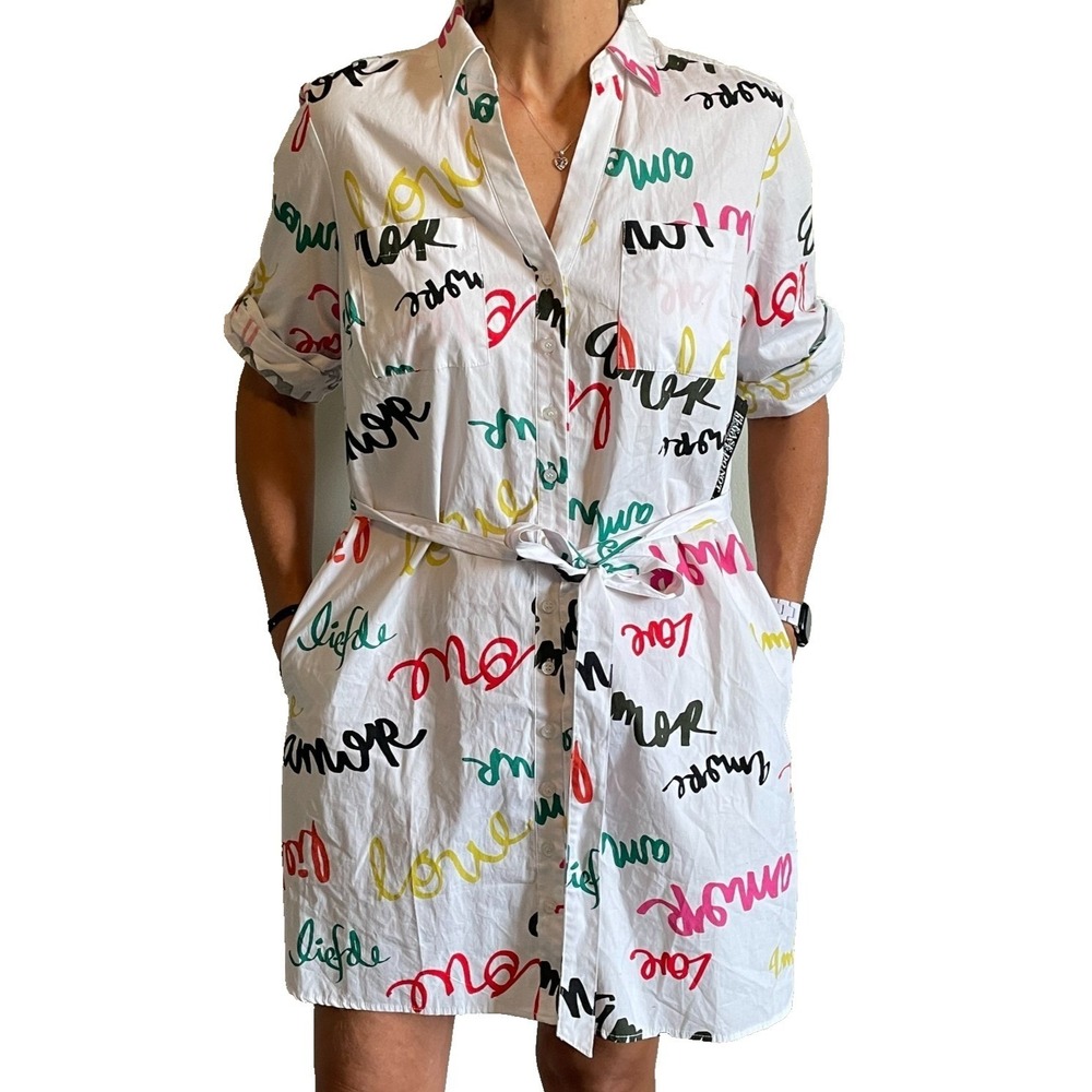 NY and Company Womens White Love Script‎ Button Down Shirt Dress Belted L